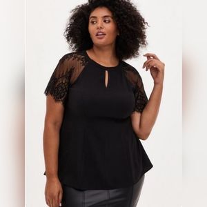 Torrid - Size 2 - Black Crepe Lace Sleeve Fit and Flare Top
